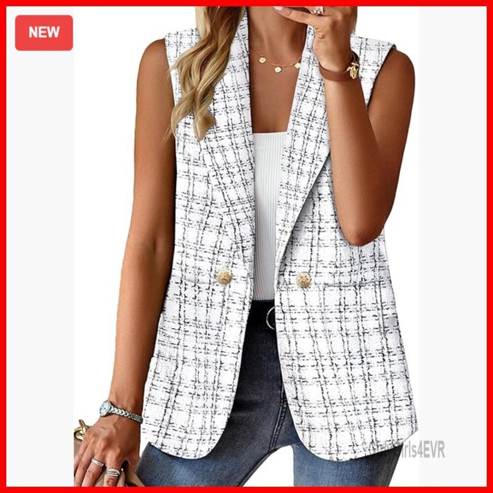 Lightweight Tweed Sleeveless Blazer Vest Fully Lined Office Work Casual